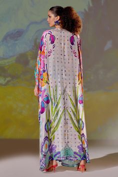 Buy Multi Color Silk Printed Abstract V Neck Imama Kaftan For Women by Rajdeep Ranawat Online at Aza Fashions. Rajdeep Ranawat, Beaded Sleeves, Placement Embroidery, Kaftan For Women, Printed Kaftan, Color Abstract, Fabric Silk, Festival Wear, Flared Sleeves