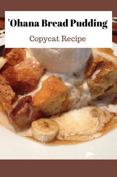 a white plate topped with bread pudding and banana slices next to a scoop of ice cream