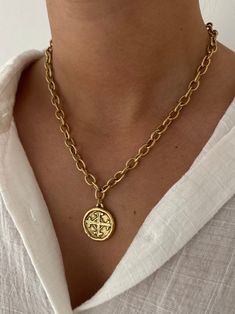 Serenity Prayer necklace, antiqued gold, 17in Gold Chain Necklace With Oxidized Finish As Gift, Gold Oxidized Finish Chain Necklace As Gift, Coin Pearl Necklace, Serenity Prayer, Coin Pearls, Coin Necklace, Shell Necklaces, Jewelry Inspo, Pearl Studs