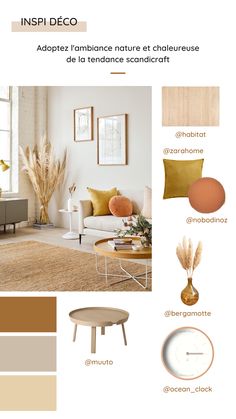 an interior design board with neutrals and browns in the living room, dining room, bedroom