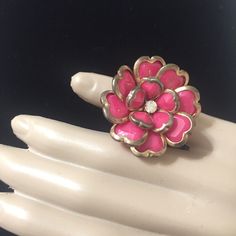 Unique Vintage Pink/Gold Toned Flower Ring With Swarovski Crystal Center And Adjustable Elastic Band. New Unused, No Flaws. Spring Rose Gold Flower Ring, Pink Ring For Spring Gift, Pink Rings Suitable For Spring Gift, Pink Flower Shaped Jewelry For Spring, Pink Ring As Spring Season Gift, Spring Gift Pink Ring, Spring Gift Pink Rings, Elegant Pink Flower Ring For Party, Adjustable Flower Ring For Party