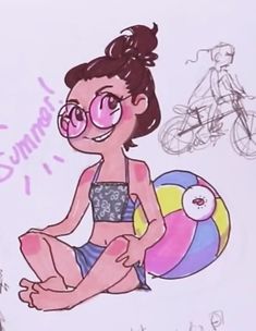 a drawing of a woman sitting on the ground with a beach ball and bicycle behind her