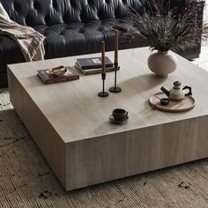 a living room with a couch, coffee table and potted plant on top of it