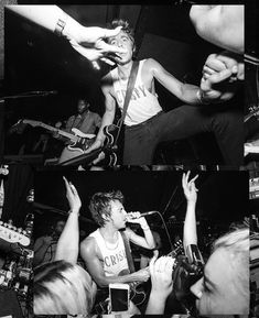 black and white images of people playing music on the stage with their hands in the air