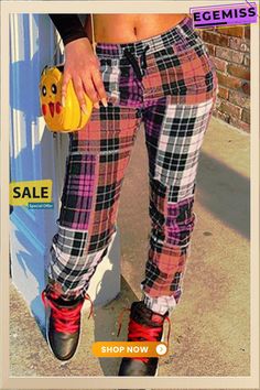 Purple Fashion Casual Regular Plaid Print Trousers Casual Patchwork Pants For Spring, Casual Spring Patchwork Pants, Trendy Pink Patchwork Pants, Trendy Multicolor Pants For Fall, Trendy Patchwork Pants For Spring, Multicolor Patchwork Bottoms For Fall, Casual Plaid Pants For Spring, Fall Multicolor Patchwork Bottoms, Casual Patchwork Pants