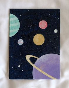 an image of a painting with planets in the sky and stars on it's surface