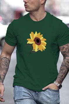 Sunflower Pattern Print Casual Crew Neck Short Sleeve T-shirt For Men, Quick-drying Comfy Casual Summer Tops For Daily Wear Work Out And Vacation Resorts Casual Green Breathable T-shirt, Green Moisture-wicking T-shirt For Outdoor, Green Moisture-wicking T-shirt For Summer, Summer Sports Printed T-shirt, Sunflower Pattern, Casual Summer Tops, Vacation Resorts, Comfy Casual, T Shirt For Men