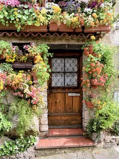 an old door with flowers growing on it