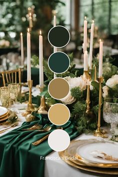 the table is set with candles, plates and napkins for an elegant winter wedding