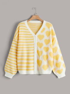 Yellow Clothes, Drop Shoulder Cardigan, Cardigan Casual, Yellow Cardigan, Plus Size Cardigans, Casual Cardigans, Plus Size Kleidung, Heart Pattern