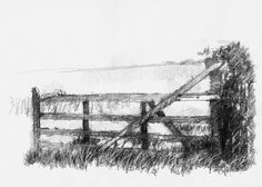 a black and white drawing of a wooden fence with grass growing on it's sides