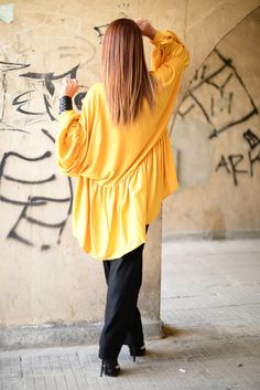 NEW COLLECTION Asymmetric Tunic Top / Yellow Loose by EUGfashion Oversized Cotton Blouse In Lagenlook Style, Long Sleeve Cotton Tunic For Day Out, Oversized Tunic Tops For Day Out, Lagenlook Tunic Tops For Daywear, Casual Yellow Tunic Blouse, Oversized Cotton Tunic, Flowy Long Sleeve Cotton Tunic, Lagenlook Oversized Tunic Blouse, Oversized Tunic Lagenlook Blouse