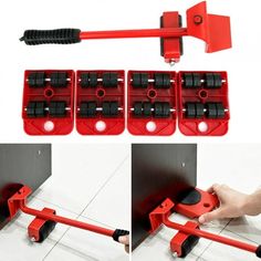 there is a red tool holder on the floor and four different pictures showing it holding tools