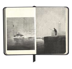 an open book with black and white photos on the pages, including a man fishing