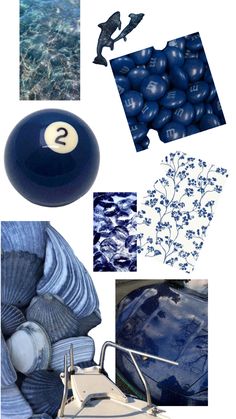 the collage includes blue and white items including an old pool ball, jeans, sweaters