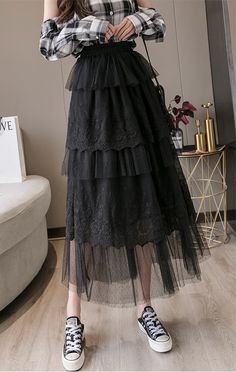 Elegant High Waist Black Lace Tulle Women Skirt - Uniqistic.com Black Tiered Maxi Skirt For Party, Black Tulle Skirt For Fall, Black Tulle Skirt For Winter, Black Mini Tulle Skirt, Black Tiered Mini Skirt For Fall, Black Maxi Skirt For Fall Party, Black Tiered Skirt For Winter, Black Tiered Winter Skirt, Black Tiered Tulle Skirt