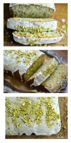 three pictures of cake with white frosting and pistachio sprinkles