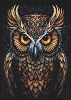 an owl with orange eyes is shown in this cross stitch pattern, which has been designed by