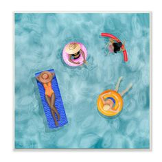 an overhead view of people in the water with floats, hats and swimming rings on their stomachs