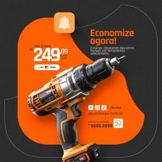 an orange and black advertisement with a cordless driller on it's side