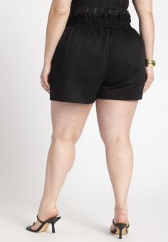 High Rise Ruffle Waist Shorts With Tie, Black Onyx | Eloquii Solid Paperbag Waist Bottoms With Elastic Waistband, Solid Paperbag Waist Bottoms With Elastic Band, Chic Bottoms With Gathered Waist, Short Length, Solid Color Paperbag Waist Bottoms With Elastic Waistband, Elastic Banded Waist Bottoms In Short Length, Elastic Banded Waist Bottoms Short Length, Elastic Banded Waist Shorts, Cinched Waist, Black Onyx