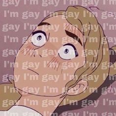 an animated image of a woman with her eyes wide open and the words i'm gay on it