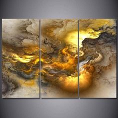 an abstract painting with yellow and brown colors on the canvas, it is ready to be hung