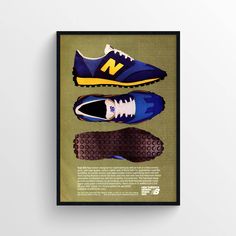 an advertisement for new balance shoes featuring two blue and yellow sneakers, one with the number 75 on it