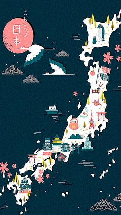 an illustrated map of japan with all the major cities and towns in pink on blue