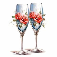 two wine glasses with roses painted on the side, one is blue and the other is red