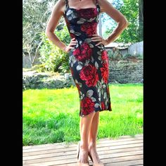 Spooner Prague 100% Silk Black And Red Roses Midi Dress. This Dress Is So Flattering, With A Contoured Waist Built Into The Cut And A Gorgeous Flowing Design. Side Zipper Makes For Easy Entry. This Is A Vintage Dress And Does Not Have A Size Tag, But I Am 5'6 And Weigh 125 Lbs. My Measurements Are 34 In, 26 In, 36 In. In Perfect, New Without Tags Condition. I Look Very Forward To It Getting More A Wear Than I Can Give It In The Pacific Northwest! Sleeveless Fitted Midi Dress With Rose Print, Fitted Sleeveless Rose Print Midi Dress, Fitted Midi-length Dress With Rose Print, Fitted Sleeveless Midi Dress With Rose Print, Chic Fitted Midi Dress With Rose Print, Elegant Party Midi Dress With Rose Print, Elegant Rose Print Dress For Night Out, Chic Evening Dress With Rose Print, Chic Rose Print Evening Dress