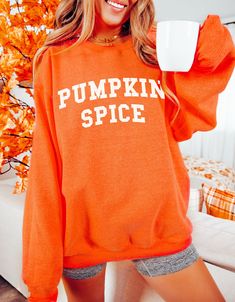 Pumpkin Spice Sweatshirt, Fall Sweatshirt Women, Fall Shirt, Pumpkin Sweatshirt, Pumpkin Shirt, Halloween Shirt Matching Tshirt: https://peachleafstore.etsy.com/listing/1557351052 ❀ Long sleeve crewneck sweatshirt. ❀ The design is printed directly onto the sweatshirt. ❀ Unisex sizing, size up if you want an oversized fit. ❀ For garment measurements, please see the size guide included in the images. Washing instructions: ❀ Wash inside out using mild detergent, on a low-temperature setting.  ❀ Let Patch Crewneck, Pumpkin Sweatshirt, Long Sleeve Baseball Tee, Matching Sets Outfit, Pumpkin Sweatshirts, Comfort Colors Sweatshirt, Glitter Letters, Top Makeup Products, Fall Denim