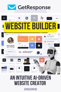 the website builder is displayed with an image of a robot pointing to it's screen