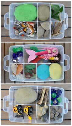 two plastic containers filled with rocks and toys