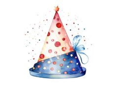 a watercolor painting of a birthday hat with blue ribbon and polka dots on it