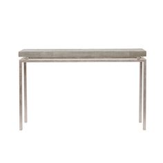 a rectangular table with metal legs and a concrete top, viewed from the front on a white background