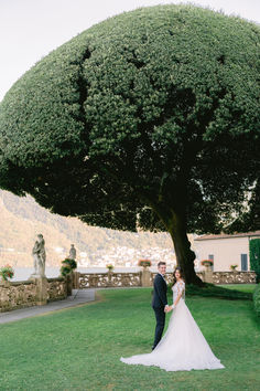 a bride and groom standing under a large tree