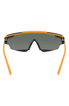 Shield sunglasses in an oversized silhouette offer sporty style with the comfort of soft nose pads and rubber-tipped temples. 64mm lens width; 14mm bridge width; 140mm temple length 100% UV protection Co-injection/metal Imported Sporty Shield Sunglasses For Outdoor Activities, Functional Polycarbonate Shield Sunglasses With Uv Protection, Sporty Sunglasses With Gradient Lenses For Outdoor Activities, Sporty Shield Sunglasses With Uv Protection, Sporty Shield Sunglasses With Uv Protection For Sports, Sporty Sunglasses With Mirrored Lenses For Protection, Functional Sports Shield Sunglasses With Gradient Lenses, Functional Shield Sunglasses With Tinted Lenses For Outdoor, Functional Shield Sunglasses With Uva Protection For Outdoor Activities