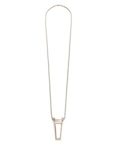 Long necklace with rock crystal pendant from Rick Owens. Modern Pendant Necklace With Detachable Pendant, Modern Necklace With Rectangular Pendant And Box Chain, Modern Jewelry With Large Rectangular Pendant, Modern Silver Chain Pendant Jewelry, Modern Silver Pendant Chain Jewelry, Modern Formal Necklaces With Long Drop, Modern Formal Necklace With Rectangular Pendant, Modern Long Drop Necklaces For Formal Occasions, Modern Teardrop Pendant Necklaces