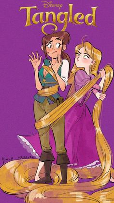 the tangled princess and prince hugging each other in front of a purple background with gold lettering