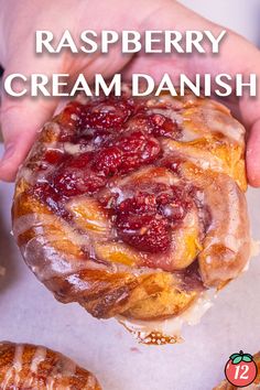 raspberry cream danish on top of croissants with text overlay that reads, raspberry cream danish