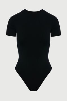 This bodysuit features a crew neckline and short sleeves that resembles a T. Features our signature double-lined fabric with stretch and comfort. Thong cut at the back with snap closures down below. Legacy Collection NW Collection Import 95% Viscose, 5% Spandex Model wears size X-Small True to size This body is double-lined All Bodysuits Are Final Sale Black Body Suit Outfits, Cute Bodysuits, Black Body Suit, Bodycon Bodysuit, Bodysuit Tops, Body Outfit, Body Suits, Bodysuit Black, Swim Shop