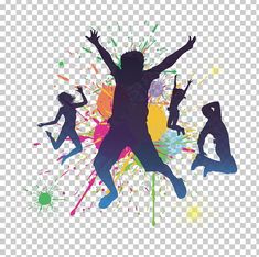 the silhouettes of people dancing with colored paint splatters on their body and arms