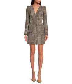 Gianni Bini Dela Tweed V-Neck Long Sleeve Mini Dress | Dillard's Knee-length Tweed Mini Dress For Fall, Fitted V-neck Tweed Dress For Fall, Fitted Tweed V-neck Mini Dress, Chic V-neck Tweed Dress For Fall, Spring Formal Tweed V-neck Dress, Chic Fall Tweed Dress With V-neck, Fitted V-neck Tweed Dress For Formal Occasions, Spring Formal V-neck Tweed Dress, Chic Fall V-neck Tweed Dress