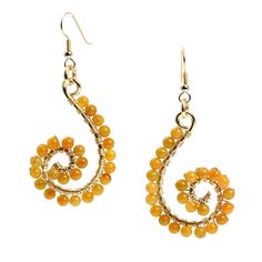 The exotic beauty of Yellow Jade never goes out of style. These 14K Gold-filled Wire-wrapped Dangle Earrings will capture your love for the unique, while providing you with a splash of color. Pair them with your favorite ring for a look that is both captivating and enchantingly you. Brighten up your ensemble with these bold earrings! .Measures approximately 2 1/4 inches in Length x 1 1/4 inches in Width 14K Gold-filled French Wires, for pierced ears only. Gift Boxed. Hand Wrapped Drop Earrings, Hand-wrapped Drop Earrings, Unique Hand Wrapped Drop Earrings, Hand Wrapped Dangle Wrap Earrings As Gift, Wire Wrapped Spiral Jewelry, Gold Teardrop Hand Wrapped Jewelry, Elegant Spiral Hand Wrapped Jewelry, Elegant Hand Wrapped Dangle Jewelry, Gold Wire Wrapped Drop Earrings