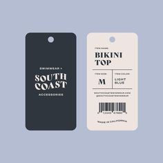 two luggage tags with the words swimin'n top and south coast on them