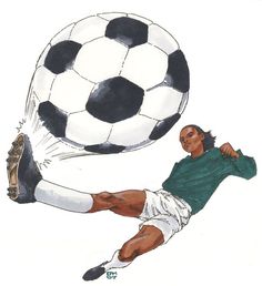 a drawing of a man kicking a soccer ball in the air with his feet on the ground