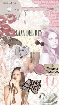 a collage of various images with the words lana del ray on it, including an image of a woman singing into a microphone