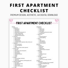 the first apartment checklist is shown in pink and white, with hearts on it