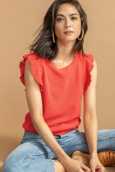 Women's Tops, Tees & Blouses | 100% Cotton Shirts | Classic T Shirts Waffle Fabric, Design Clothes, Cotton Shirts, Spring Tops, Fashion Design Clothes, Ruffle Top, Papaya, Women's Tops, Feminine Style